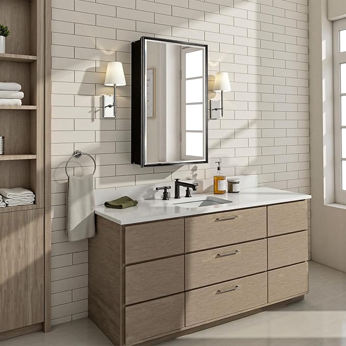 16x26 Pre-Assembled Black Medicine Cabinet with Mirror, Surface or Recessed Medicine Cabinet Mirror for Bathroom, Aluminum Beveled Frame Bathroom Vanity Mirror with Adjustable Shelves Storage