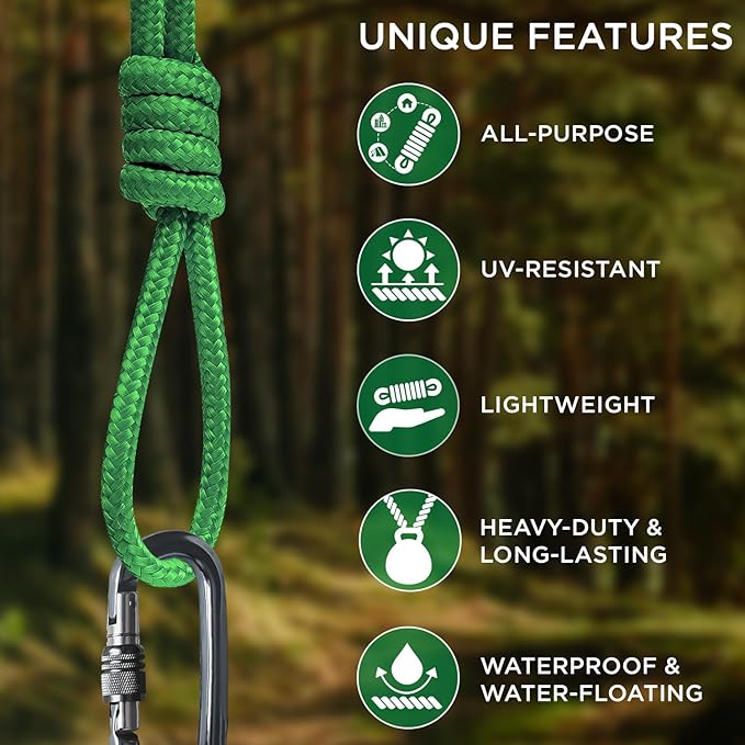 TECEUM Rope – 150 Feet x 1/4 Inch (7mm) – Green – Strong All-Purpose Utility Rope – Camping, Crafting, Flag Pole, Indoor & Outdoor – Polypropylene Nylon Poly Lightweight Diamond Braided Cord