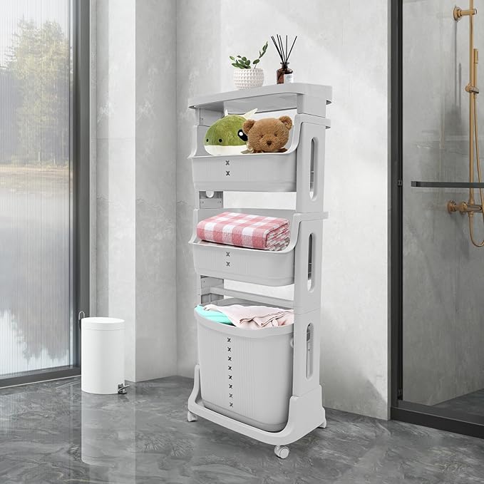 3 Tier Laundry Basket with Wheels, 360° Rolling Plastic Laundry Hamper, Dirty Clothes Sorter Storage Stackable Basket Organizer Shelf or Bathroom, Bedroom and Kitchen, Grey