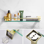 LANC Gold Bathroom Shelf Glass Shelves 20-Inch Floating Tempered Glass Shelf Rectangular Modern Stainless Steel Wall Mounted Cologne Shelves for Men Shower Bathroom Kitchen Organizers，A7613BG