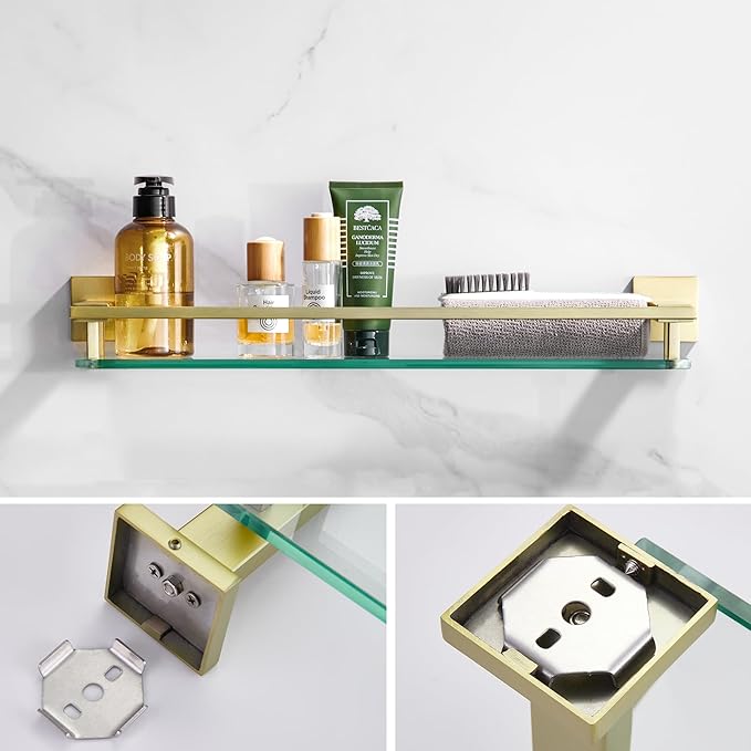 LANC Gold Bathroom Shelf Glass Shelves 20-Inch Floating Tempered Glass Shelf Rectangular Modern Stainless Steel Wall Mounted Cologne Shelves for Men Shower Bathroom Kitchen Organizers，A7613BG