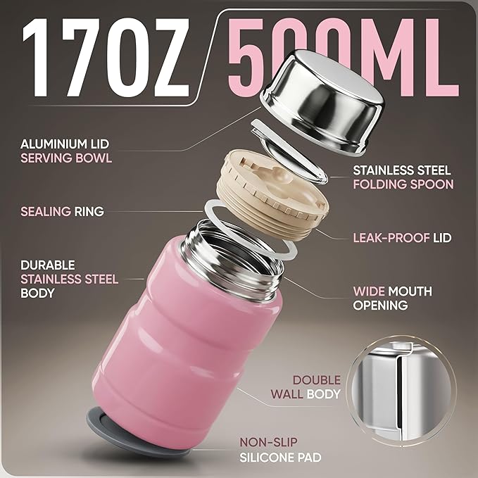 Earth&ME Stainless Steel Thermo For Hot Food 17OZ with Folding Spoon, Vacuum Insulated Food Container, Soup Thermo with Wide Mouth, Insulated Food Jar for Hot & Cold Food, Pink
