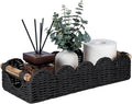 CubesLand Bathroom Basket Organizer w/Cut Out Handle, Back of Toilet Paper Storage Baskets Tray for Bathroom Countertop Decorative, Scalloped Wicker Basket Also for Home Decor, Living Room, Black