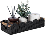 CubesLand Bathroom Basket Organizer w/Cut Out Handle, Back of Toilet Paper Storage Baskets Tray for Bathroom Countertop Decorative, Scalloped Wicker Basket Also for Home Decor, Living Room, Black