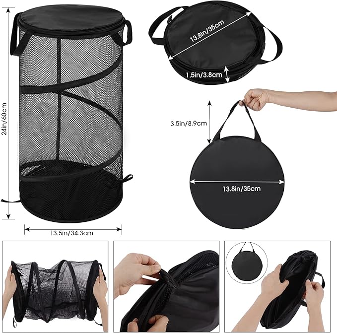 BATTOO Collapsible Laundry Basket with Lid Foldable Mesh Pop Up Hamper with Handles for Laundry Room, Bathroom, Kids Room, College Dorm, Travel, Storage Organizer Black