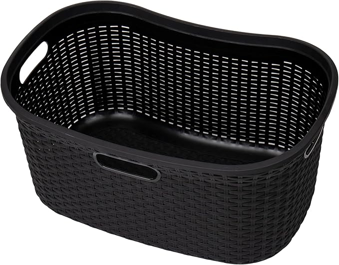 Mind Reader 40L Laundry Basket, Clothes Hamper, Premium Wicker Design, Plastic, Black