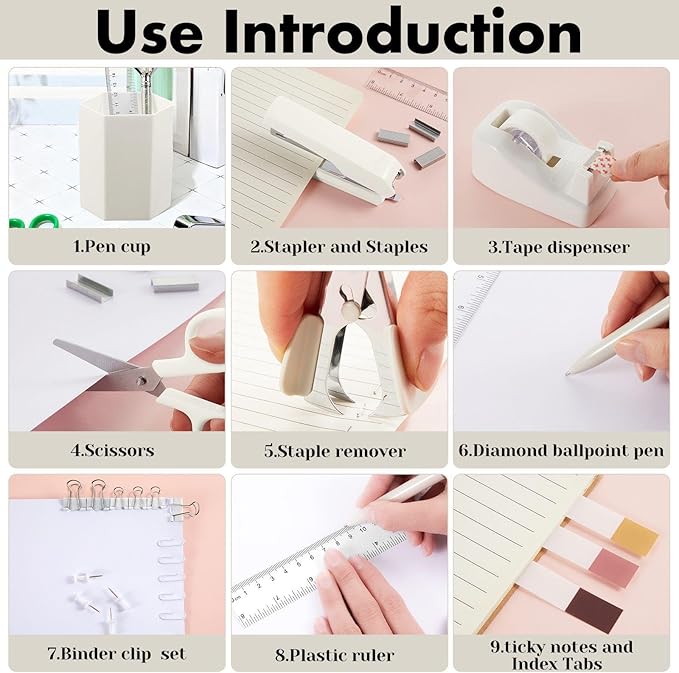 Marspark 12 Pcs Beige Office Supplies Desk Accessories Set Pen Holder Tape Dispenser Stapler Staple Remover Staples Tape Ruler Scissor Pen Sticky Note Index Tab Clips Set for School Office Home