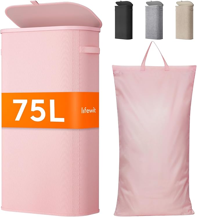 Lifewit 75L Slim Laundry Basket with Lid, Narrow Large Laundry Hamper with Plastic Handles and Removable Bag, Tall Foldable Dirty Clothes Hampers for Laundry Room, Bedroom, Bathroom, Dorm, Pink