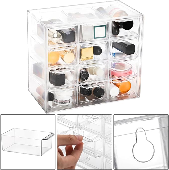 YOUEON 2 Pack Mini Desk Organizer with 12 Removable Drawers, Clear Plastic Desktop Drawer Organizer, Desk Craft Storage Box for DIY Crafts, Art Supply, Office, Cosmetic, Jewelry