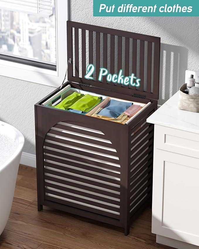 Laundry Hamper, 27.3 Gallon (103L) Bamboo Wood Clothes Laundry Basket with Lid and Handles, Removable Liner