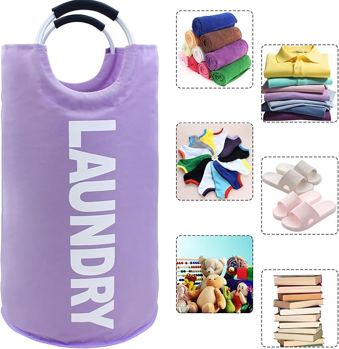 Mziart 90L Large Collapsible Laundry Basket with Padded Handles, Heavy Duty Oxford Fabric Laundry Hamper Tall Laundry Bag Foldable Laundry Bin Storage Organizer for Nursery Bedroom College Dorm-Purple