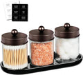 SheeChung 3-Pack Glass Apothecary Jars with Acrylic Vanity Tray - Bathroom Organizer Set for Qtip, Cotton Ball, Floss Picks - Vintage Style Bathroom Accessories Storage Canister (Bronze)