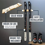 StoreYourBoard Horizontal Wood Ski Rack Wall Mount – Heavy Duty Ski Wall Mount Organizer, Space-Saving Ski Holders for Wall Display, Durable Skis Rack for Garage, Home or Cabin - Natural Wood (Small)