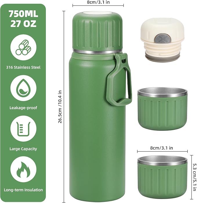 750ml/27 OZ Coffee Thermo with 3 cups, Insulated Water Bottle, Stainless Steel Vacuum Flask Set for Hot and Cold Drinks, Gifts Box