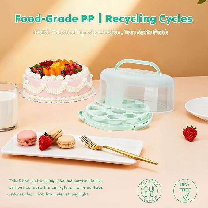 Cake Carrier with Lid and Handle, Bpa-Free Cake Holder with Lid for 10 Inch Round Cake Carrier with 10 pcs Round Golden Cake Boards and Portable Insulated Bag & Two Boxes of Cupcake Paper Liners