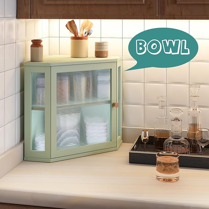 Corner Bread Box for Kitchen Countertop, Bamboo Wood Large Capacity Bread Storage Bin with Acrylic Wavy Door Panel, Green