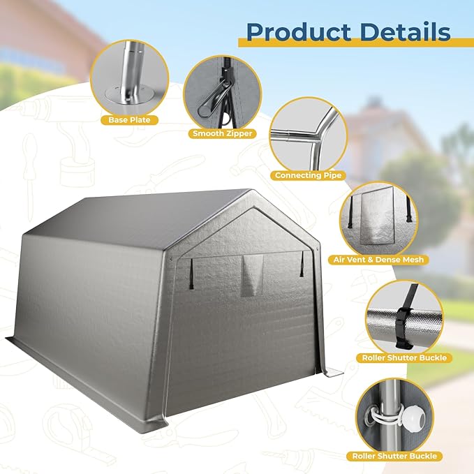 10 x 15 FT Carport, Portable Shed w/220G Heavy Duty Waterproof PE Tarp, Roll-up Zipper Door & Vent, Weather-Resistant Storage Shed for Motorcycle, Bike, ATV and Tools, Gray