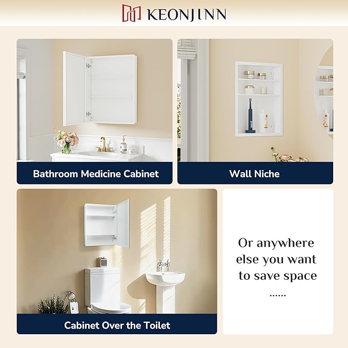 Keonjinn 60 x 32 Inch Medicine Cabinet, Assembly Required, White Bathroom Medicine Cabinets Mirror, Lightweight, Adjustable Shelves, Surface Mount or Recessed, Tempered Glass