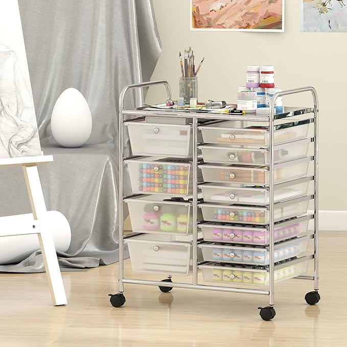 RELAX4LIFE 12-Drawer Rolling Storage Cart - Mobile Utility Drawer Carts with Wheels, Craft Organizers Cart for Organization and Storage, Classroom, School, Office, Home