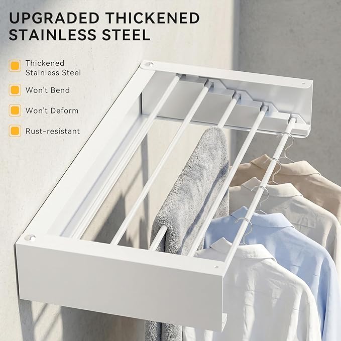 Wall Mounted Clothes Drying Rack - Heavy Duty 5-Rod Retractable Clothing Drying Rack, 60LBS Capacity Tiered Laundry Hanger, Large Foldable Dryer Racks for Indoor