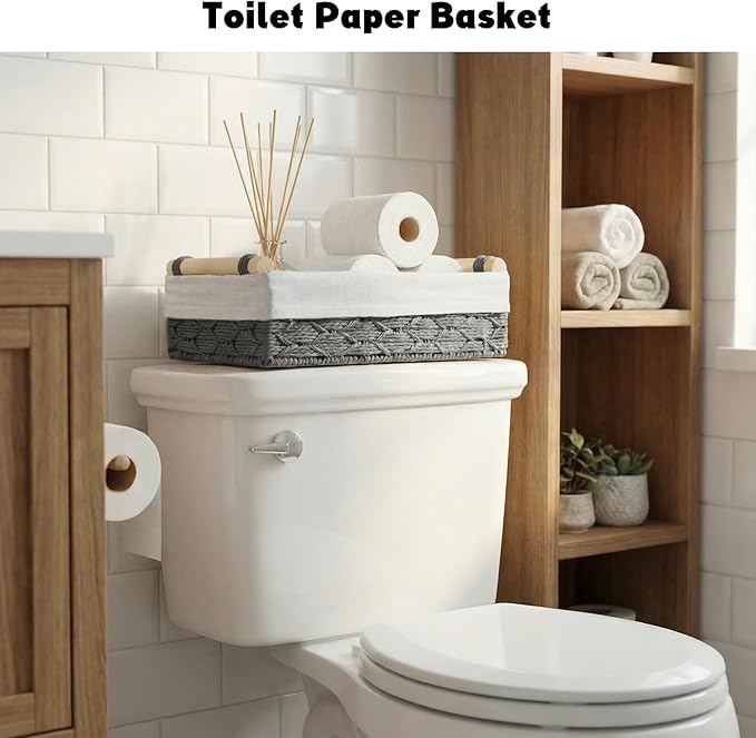 Paper Rope Wire Storage Basket for Shelves, Organizing Stackable Large and Small Woven Basket Toilet Tank Paper Baskets for Dressing/Night Table,Cabinets,Bathroom,Bedroom,Living Room Home Decor Grey