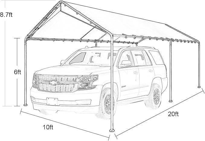 10'x20' Carport Heavy Duty Galvanized Car Canopy with Included Anchor Kit, 3 Reinforced Steel Cables, Light Gray