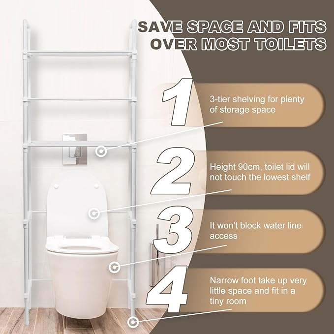 Over The Toilet 3-Tier Storage Cabinet, Above Toilet Storage Rack, Behind Toilet Shelf, Bathroom Organizer Freestanding Toilet Shelf Space Saver for Home Bathroom (White)