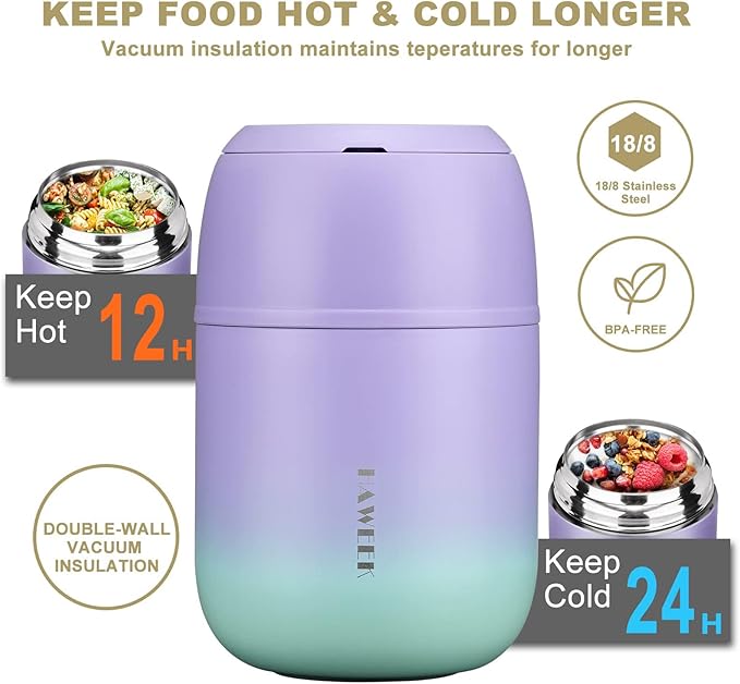 Insulated Soup Thermo 17oz - Stainless Steel Vacuum Lunch Box for Adults, Kids Leakproof Hot Food Container with Handle Folding Spoon (School Office Outdoor)