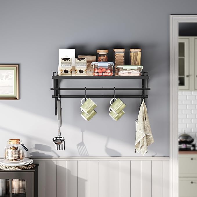Hanging Pot Rack, Wall-Mounted Pot Rack, Kitchen Cookware Organizer, Metal Pot and pan Organizer Holder, for Cookware, Utensils Organization, Black TPR37BB