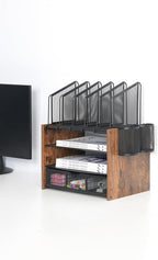 Wooden & Metal Desk Organizer – 4-Tier Vertical Desktop Storage with File Trays, Pen Holder & Drawer – Space-Saving Office & Home Workspace Organizer