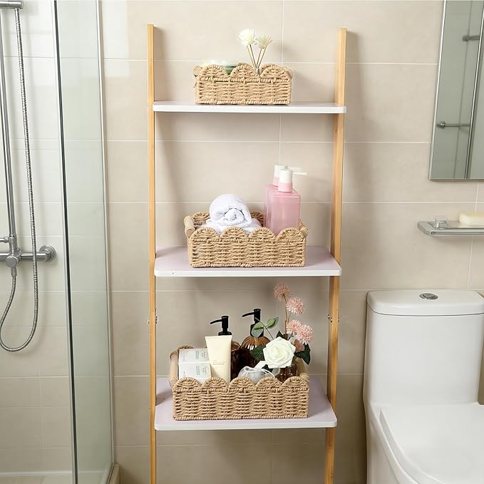 3PCS Scalloped Toilet Paper Storage Basket, Handwoven Paper Rope Bathroom Basket Organizer for Toilet Tank Top, Bathroom & Home Decor with Wooden Handles, Farmhouse Decor, Beige