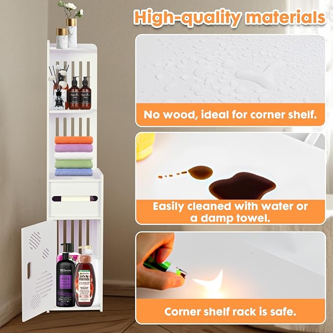 ShellKingdom Toilet Paper Holder Stand, Tall & Slim Bathroom Storage Cabinet, Freestanding Corner Shelf, Bathroom Cabinet for Small Space, Corner Shelf, 39.37 x 7.87 x 7.08 inch (White)