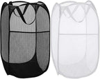 BATTOO Deluxe Strong Mesh Pop up Laundry Hamper Basket with Side Pocket for Laundry Room, Bathroom, Kids Room, College Dorm or Travel Black+White