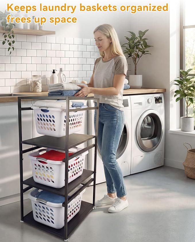 Laundry Basket Holder Shelf, 3-Tier Metal Laundry Basket Organizer with Wheels, Rolling Laundry Storage Rack for Bathroom, Bedroom & Laundry Room