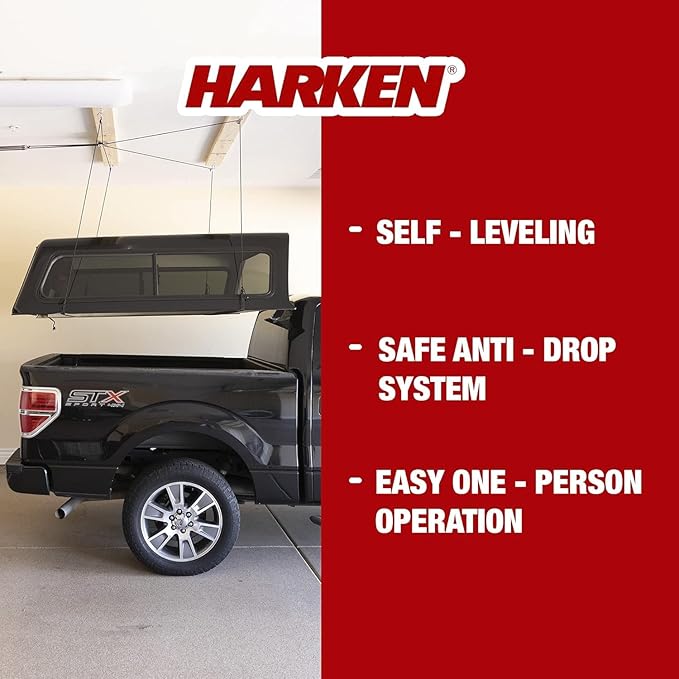HARKEN - Truck Cap Overhead Garage Storage Hoist, Self-Leveling, Safe Anti-Drop System, Easy One-Person Operation, Smart Garage Organization - 7806