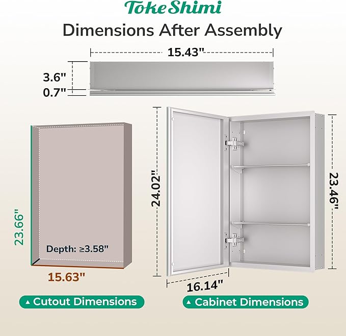 TokeShimi 16 x 24 Medicine Cabinets for Bathroom with Mirror, Assembly Required, Recessed Medicine Cabinet with Tempered Beveled Mirror, Stepless Adjustable Shelves, DTC Hinge