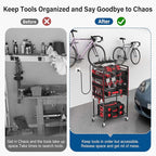 JUNNUJ Garage Large Power Tool Organizer Cart with 8 Outlet 3 USB Charging Station, Floor Rolling Drill and Tools Battery Storage Cart on Wheels, Heavy Duty Utility Rack Shelf with Power Strip