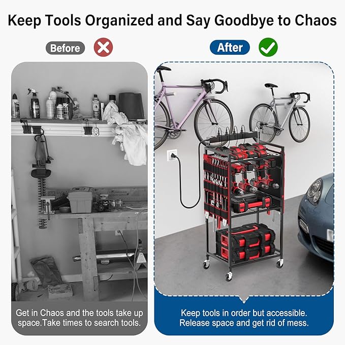 JUNNUJ Garage Large Power Tool Organizer Cart with 8 Outlet 3 USB Charging Station, Floor Rolling Drill and Tools Battery Storage Cart on Wheels, Heavy Duty Utility Rack Shelf with Power Strip