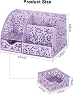 EasyPAG Pen Holder Desk Organizer with Drawer Pencil Cup for Desk 6 Compartments Metal Office Caddy Storage with Sticky Notes Holder for School Home Office, Purple