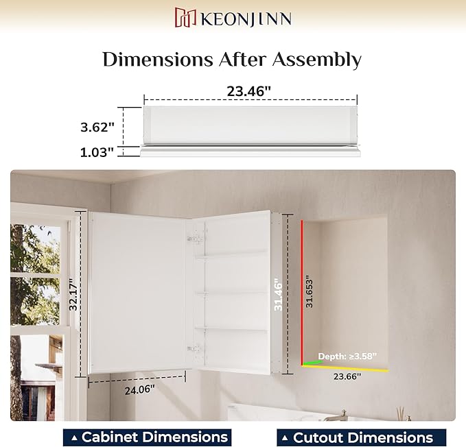 Keonjinn White Medicine Cabinet Mirror 24" x 32", Assembly Needed, Recessed Medicine Cabinet with Mirror for Bathroom, Beveled Framed, Surface Wall-Mounted or Recessed, Tempered Glass