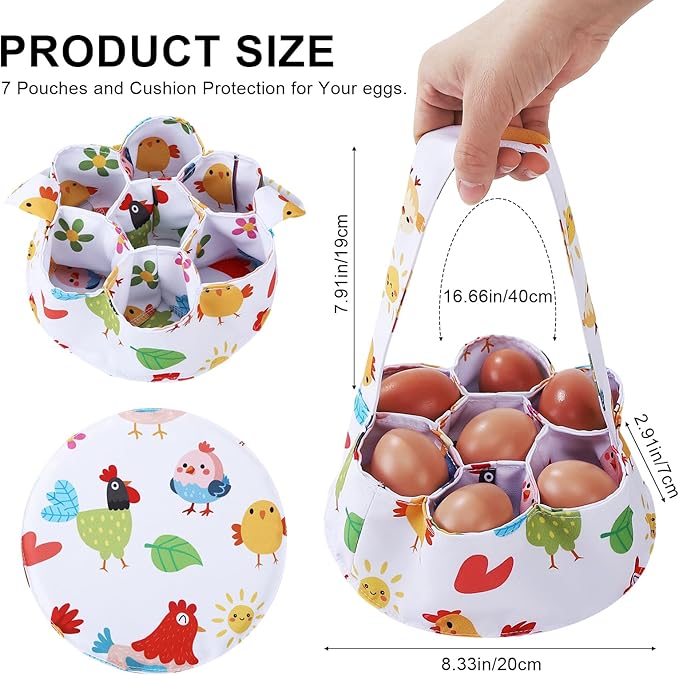 Egg Collecting Basket, Canvas Egg Basket for Gathering with 7 Pouches for Chicken, Duck, Goose, Bird, Various Poultry Collection (Cartoon Chicken Style 2)