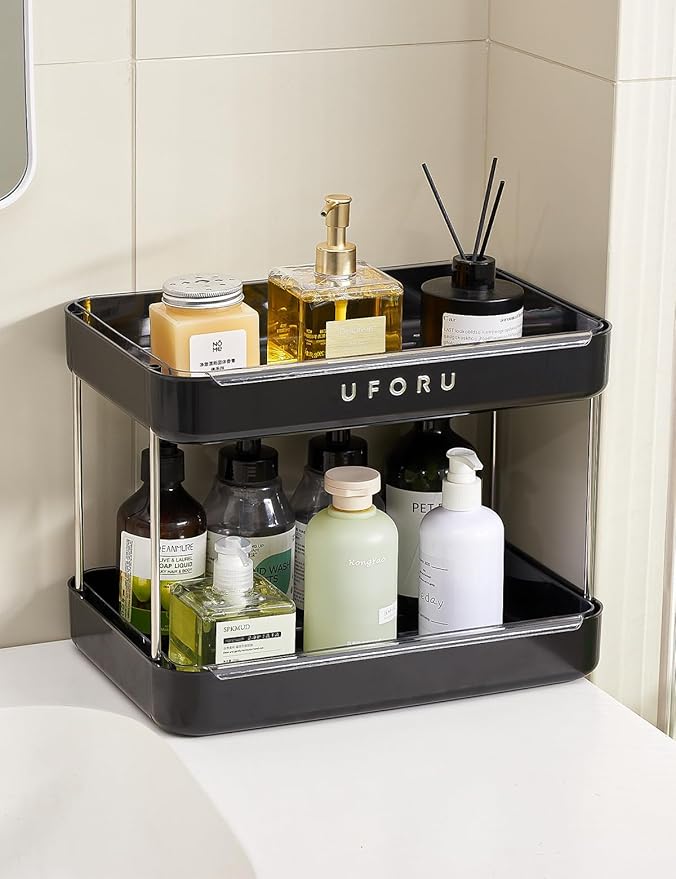 Countertop Coffee Station Organizer, 2 Tier Wine Glass Holder, Mug Display Shelf with Removable Drain Tray, Spice & condiment Rack for Kitchen, Bathroom Countertop Organizer, Black