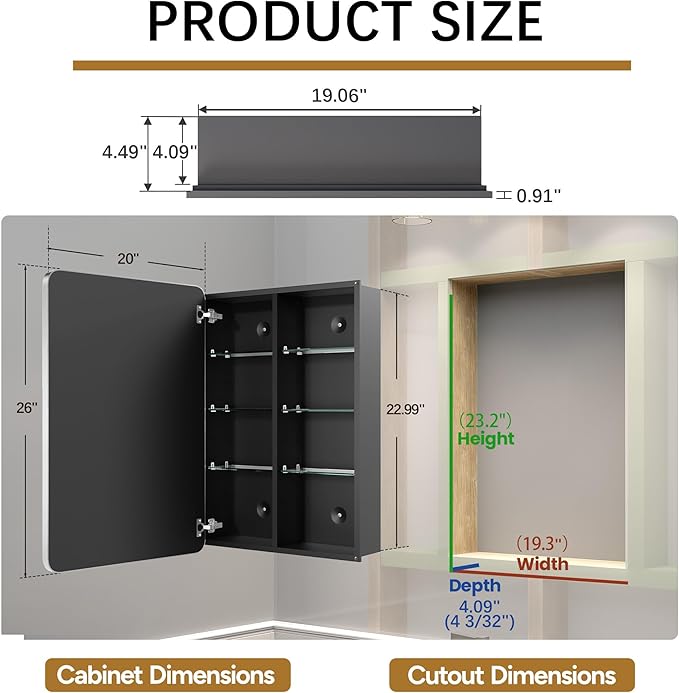 Medicine Cabinet 20x26 Inch, Aluminum Bathroom Mirror Cabinet with Storage, 6 Adjustable Glass Shelves, Rust Proof Recessed or Surface Mount Wall Cabinet, Soft Close, Brushed Silver
