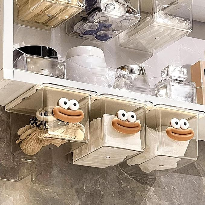 Under Desk Drawer Organizer - Wall-Mounted Dust-Proof Clear Pull-Out Storage Box with Cartoon Design, Stackable Slide-Out Drawer for Desk, Kitchen, Bathroom, Makeup, Cotton Swabs, Stationery