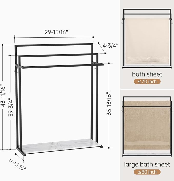 KES Extra Large Free Standing Towel Racks for Bathroom with Anti Wobble Base, 44 Inch Blanket Rack, 3-Tier Blanket Holder for Living Room with Weighted Marble Shelf & 4 Hooks, Matte Black, BTH504-BK
