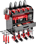 Power Tool Organizer Wall Mount with Charging Station, 4 Layers Storage Rack with 6 Drill Holders & Battery Storage, Cordless Tool Organizer with Drawers for Garage, Workshop & Tool Room