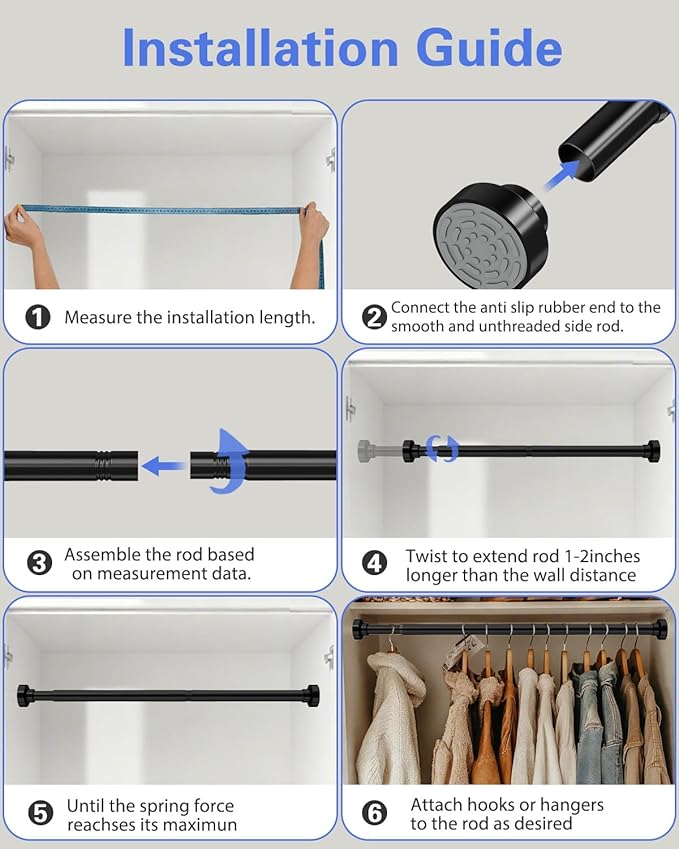 No Drilling Closet Rods for Hanging Clothes, Non Slip Tension Rod with Heavy Duty Clothes Hanging Rod, 17-54 Inches Adjustable Spring Closet Rod for Closet Wardrobe Bathroom Laundry RV, Black