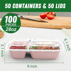 50 Pack (100-Piece) 28 oz Meal Prep Containers Reusable with Lids 2-Compartment, Sturdy Leakproof Food Safe, Microwave Freezer Dishwasher Safe, To Go Take Out Plastic Food Storage, Pink