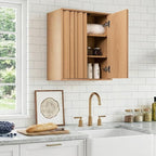 Fluted Bathroom Wall Cabinet Over Toilet, 15mm Thick Moisture-Resistant Wood Hanging Storage with Push-to-Open Doors, Japandi Floating Medicine Cabinet for Half Bath & Kitchen, Natural Oak