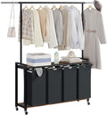 4-Section Rolling Laundry Sorter Cart with Hanging Rod & Utility Shelf, Large Capacity Lockable Wheels Laundry Hamper Basket Organizer for Laundry Room, Bathroom, Bedroom - Rustic Black